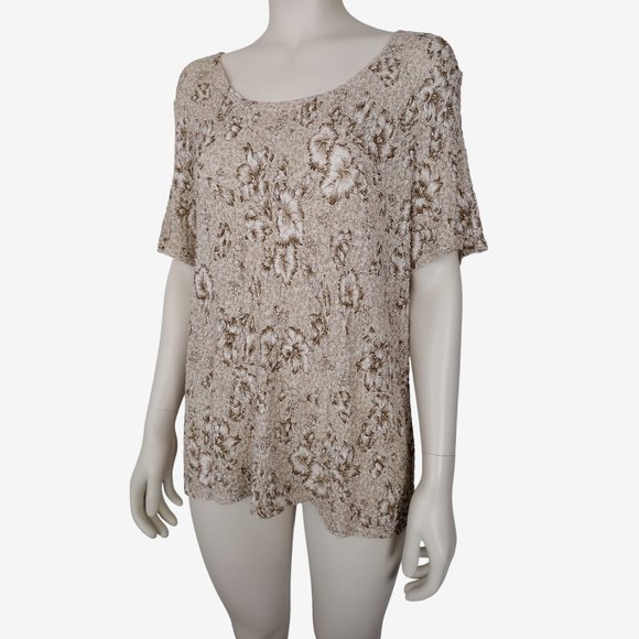 Worthington Tan Floral Popcorn Textured Stretch Short Sleeved Blouse 1X - Picture 4 of 9